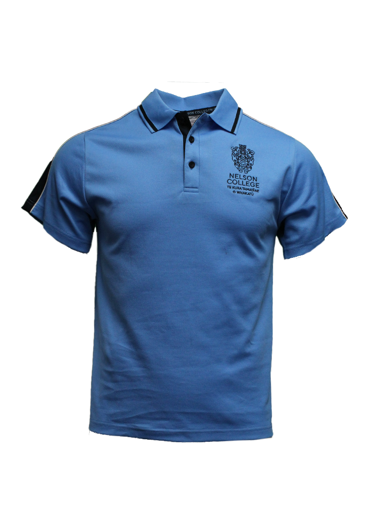 Nelson College Polo SS Year 7-10 Cyan/Navy/White