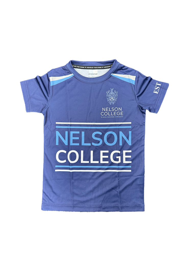 Nelson College PE Tee Navy/Cyan/White