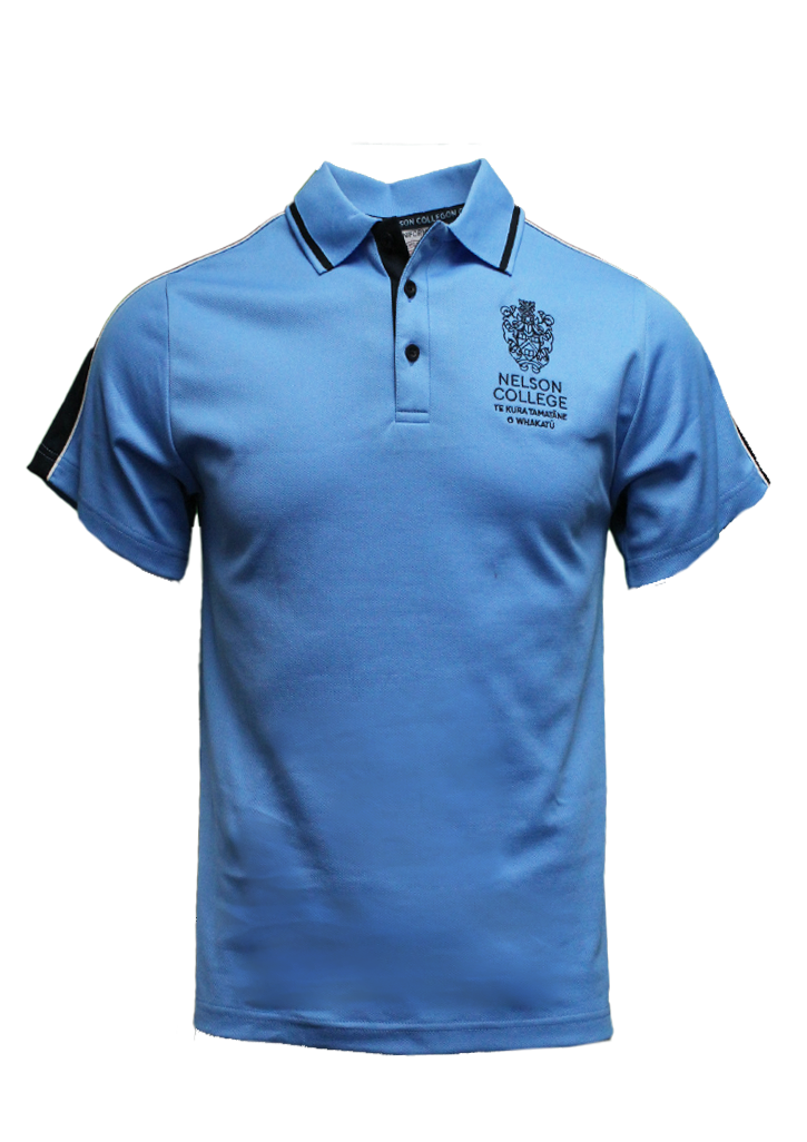 Nelson College Polo SS Year 7-10 Cyan/Navy/White